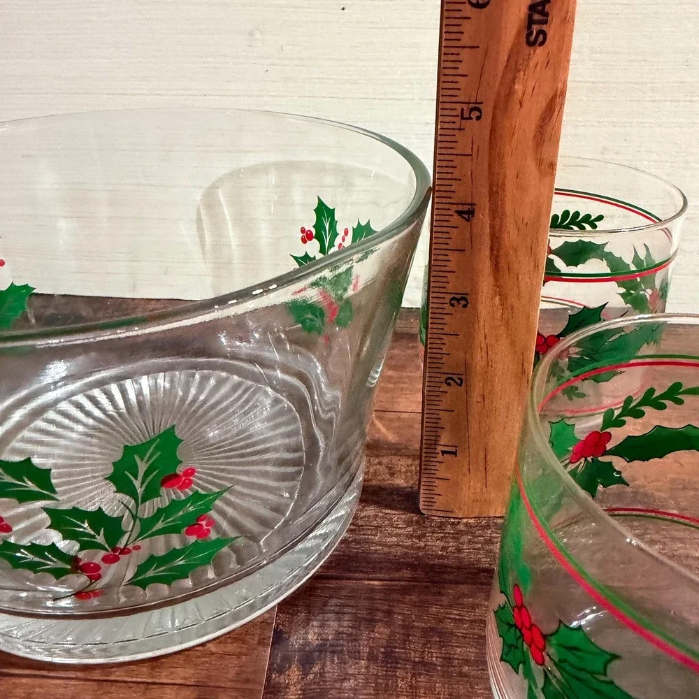 VTG Indiana Glass Christmas Holly Berry Hostess Set 5 Piece Christmas Barware